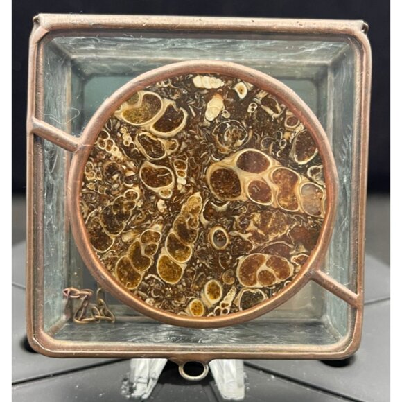 Turritella Agate / Fossil Hand Made Brass Glass Mirror Jewelry Box 1984 (2-3/4) - Picture 2 of 12